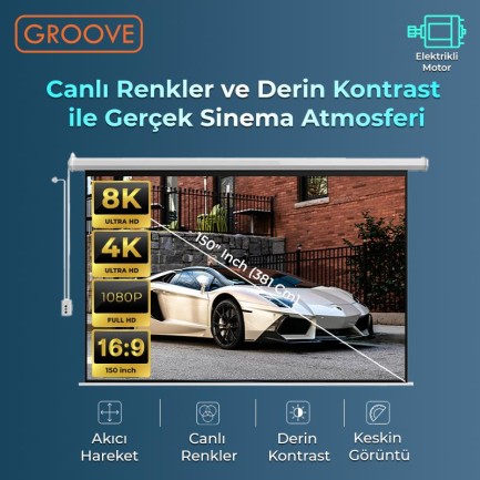 Groove Vizio Pro 150¨ Inch Blackout Işık Geçirmez Elektrikli Otomatik Kumandalı Projeksiyon Perdesi 332x188cm +Motorlu+Canlı Renkler+Göz Koruması+Leke Tutmaz Projector - Thumbnail