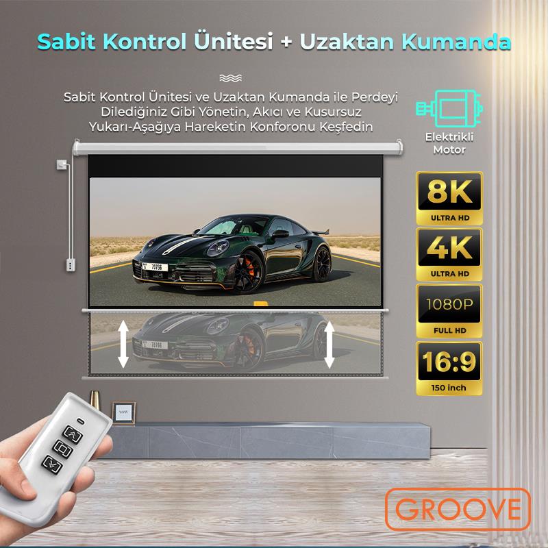 Groove Vizio Pro 150¨ Inch Blackout Işık Geçirmez Elektrikli Otomatik Kumandalı Projeksiyon Perdesi 332x188cm +Motorlu+Canlı Renkler+Göz Koruması+Leke Tutmaz Projector