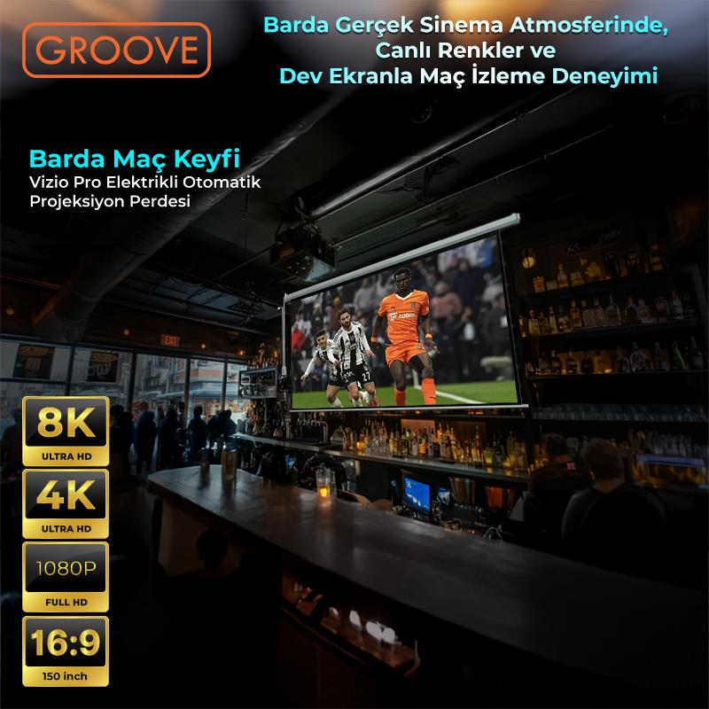 Groove Vizio Pro 150¨ Inch Blackout Işık Geçirmez Elektrikli Otomatik Kumandalı Projeksiyon Perdesi 332x188cm +Motorlu+Canlı Renkler+Göz Koruması+Leke Tutmaz Projector