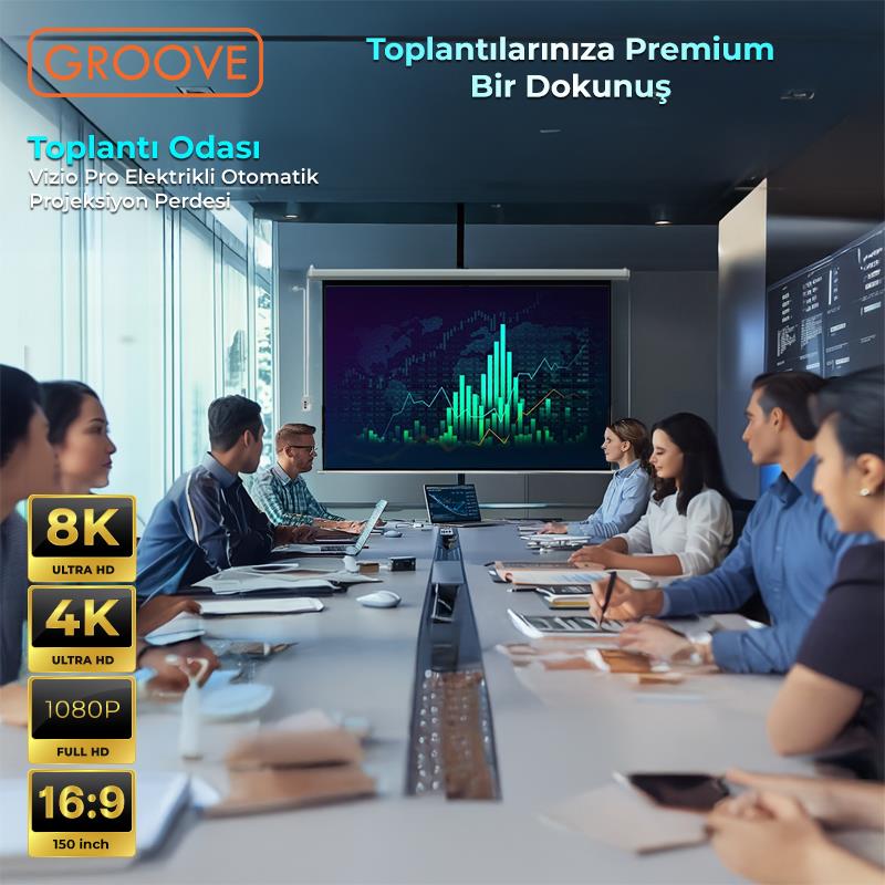 Groove Vizio Pro 150¨ Inch Blackout Işık Geçirmez Elektrikli Otomatik Kumandalı Projeksiyon Perdesi 332x188cm +Motorlu+Canlı Renkler+Göz Koruması+Leke Tutmaz Projector