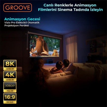 Groove Vizio Pro 150¨ Inch Blackout Işık Geçirmez Elektrikli Otomatik Kumandalı Projeksiyon Perdesi 332x188cm +Motorlu+Canlı Renkler+Göz Koruması+Leke Tutmaz Projector - Thumbnail