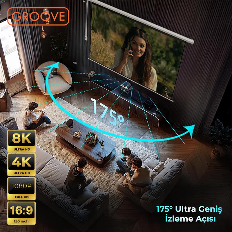 Groove Vizio Pro 150¨ Inch Blackout Işık Geçirmez Elektrikli Otomatik Kumandalı Projeksiyon Perdesi 332x188cm +Motorlu+Canlı Renkler+Göz Koruması+Leke Tutmaz Projector