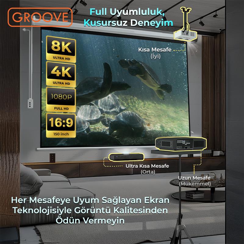 Groove Vizio Pro 150¨ Inch Blackout Işık Geçirmez Elektrikli Otomatik Kumandalı Projeksiyon Perdesi 332x188cm +Motorlu+Canlı Renkler+Göz Koruması+Leke Tutmaz Projector