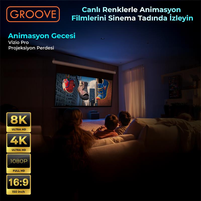 Groove Vizio Pro 150¨ Inch 332x188cm Blackout Işık Geçirmez Profesyonel Projeksiyon Perdesi +Canlı Renkler+Göz Koruması+Leke Tutmaz Projector
