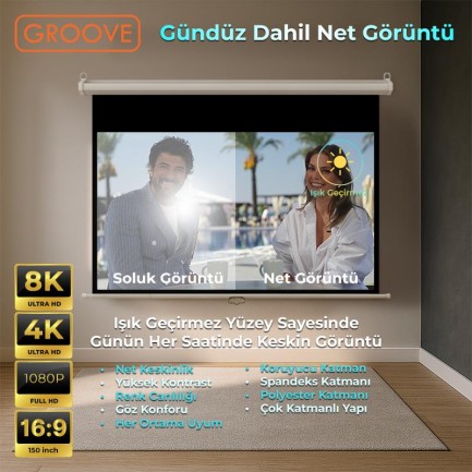 Groove Vizio Pro 150¨ Inch 332x188cm Blackout Işık Geçirmez Profesyonel Projeksiyon Perdesi +Canlı Renkler+Göz Koruması+Leke Tutmaz Projector - Thumbnail