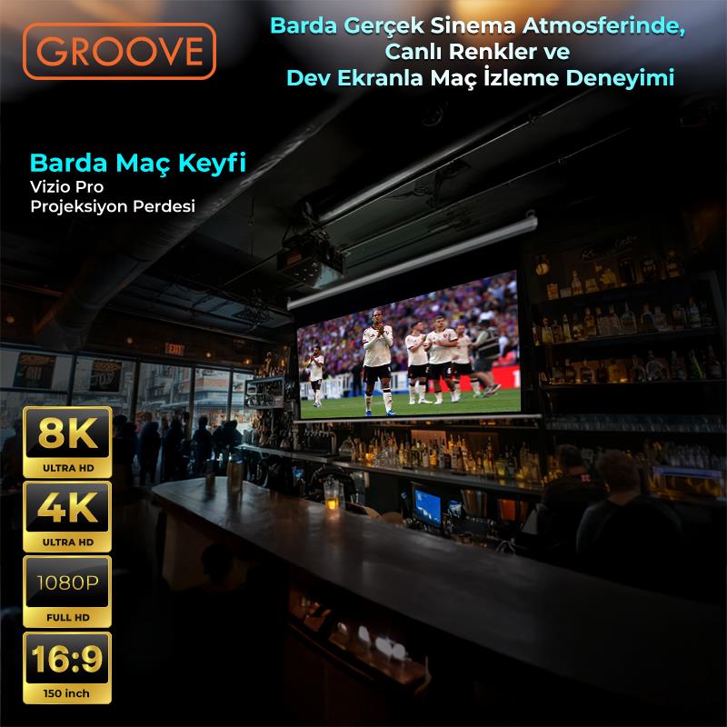 Groove Vizio Pro 150¨ Inch 332x188cm Blackout Işık Geçirmez Profesyonel Projeksiyon Perdesi +Canlı Renkler+Göz Koruması+Leke Tutmaz Projector