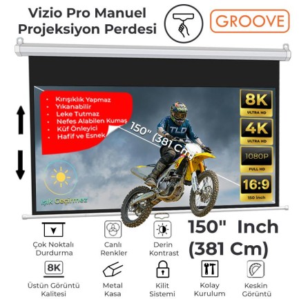 GROOVE - Groove Vizio Pro 150¨ Inch 332x188cm Blackout Işık Geçirmez Profesyonel Projeksiyon Perdesi +Canlı Renkler+Göz Koruması+Leke Tutmaz Projector
