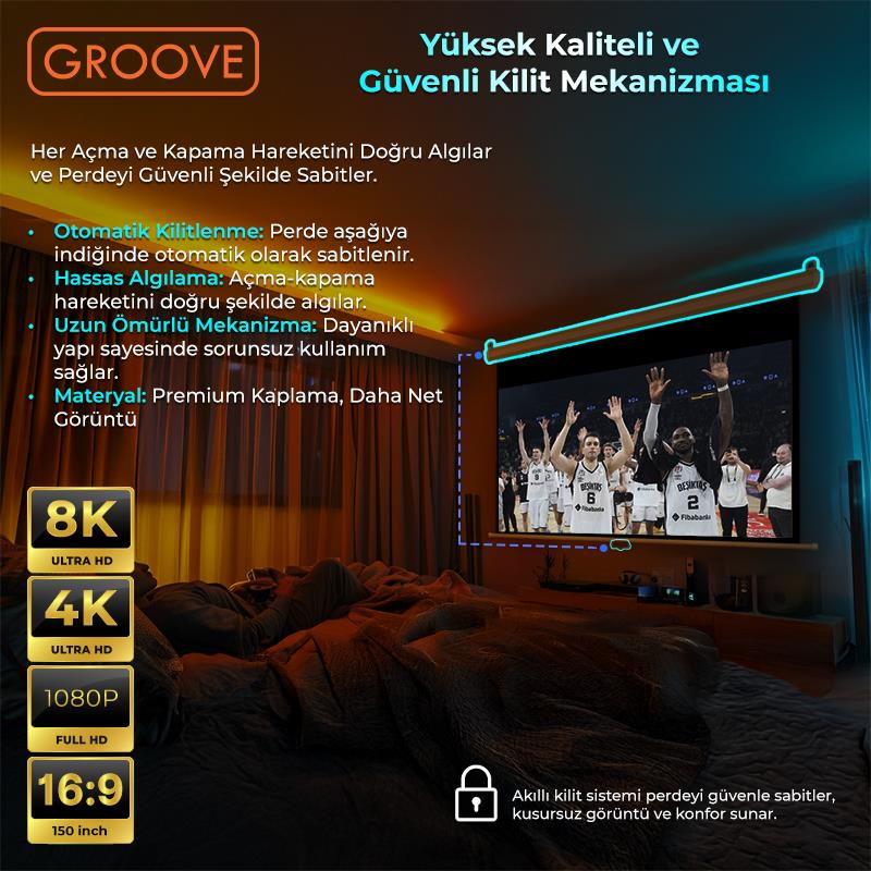 Groove Vizio Pro 150¨ Inch 332x188cm Blackout Işık Geçirmez Profesyonel Projeksiyon Perdesi +Canlı Renkler+Göz Koruması+Leke Tutmaz Projector