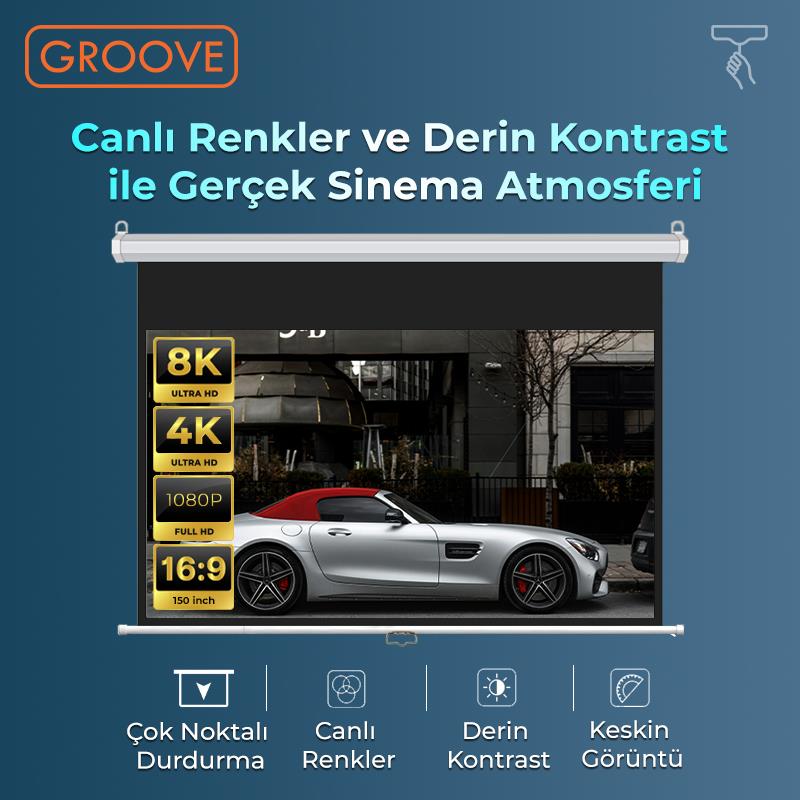Groove Vizio Pro 150¨ Inch 332x188cm Blackout Işık Geçirmez Profesyonel Projeksiyon Perdesi +Canlı Renkler+Göz Koruması+Leke Tutmaz Projector