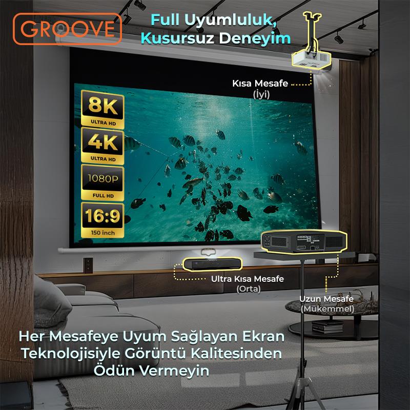 Groove Vizio Pro 150¨ Inch 332x188cm Blackout Işık Geçirmez Profesyonel Projeksiyon Perdesi +Canlı Renkler+Göz Koruması+Leke Tutmaz Projector