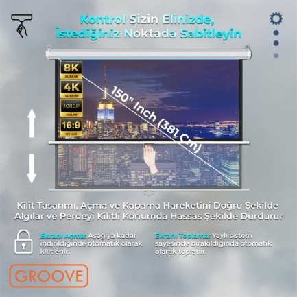 Groove Vizio Pro 150¨ Inch 332x188cm Blackout Işık Geçirmez Profesyonel Projeksiyon Perdesi +Canlı Renkler+Göz Koruması+Leke Tutmaz Projector - Thumbnail