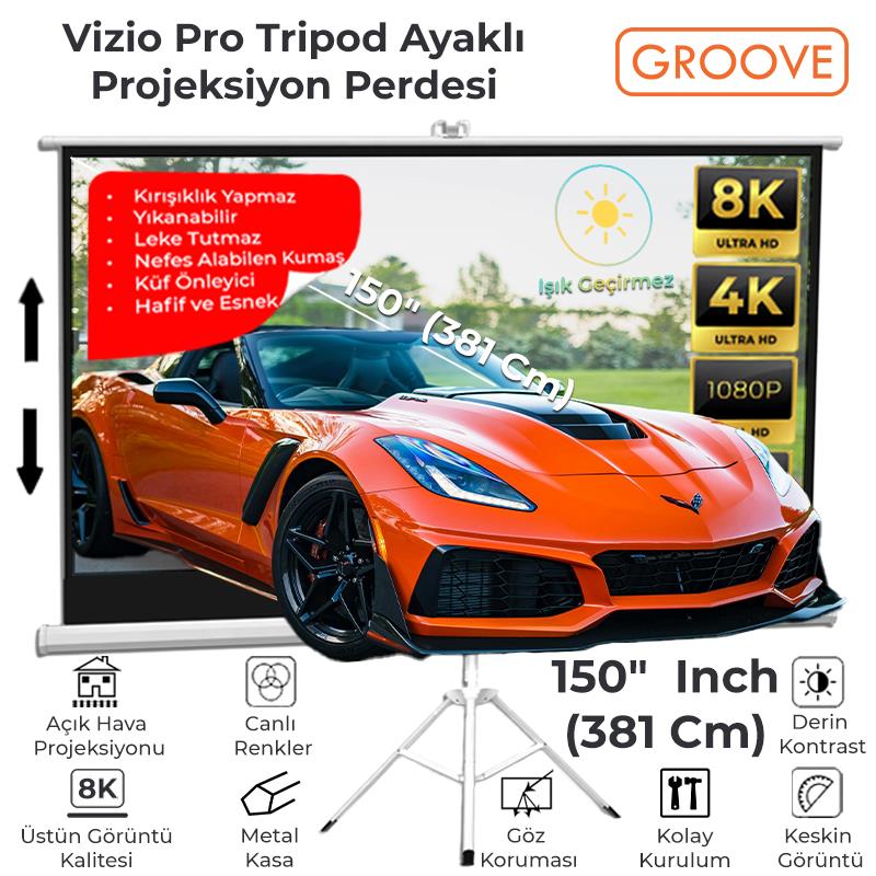 Groove Vizio Pro 150¨Inch 332x188cm Blackout Işık Geçirmez Tripod Ayaklı Projeksiyon Perdesi +Taşınabilir+Canlı Renkler+Göz Koruması+Leke Tutmaz Projector