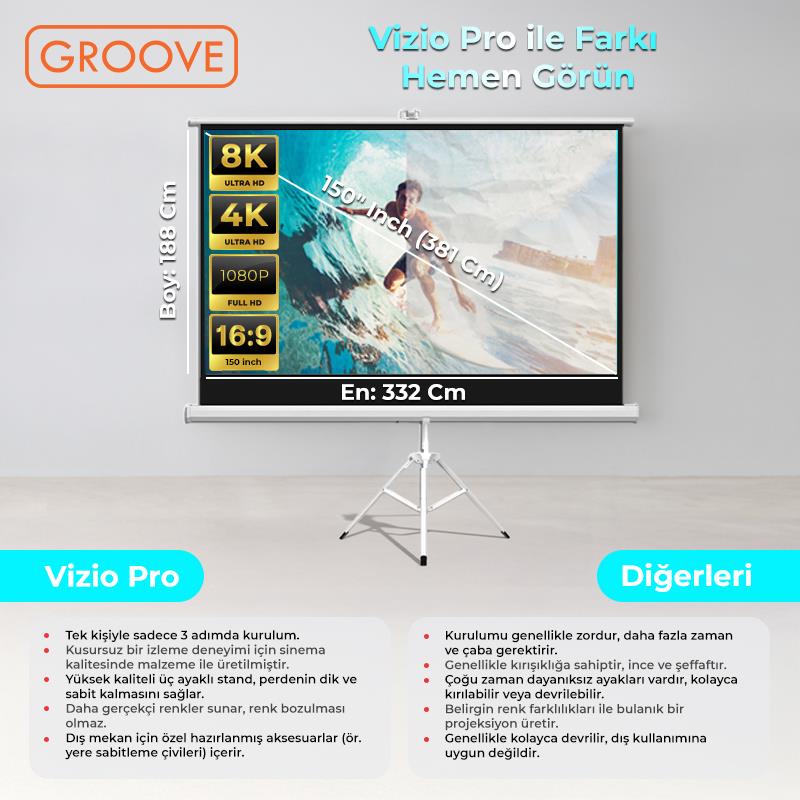 Groove Vizio Pro 150¨Inch 332x188cm Blackout Işık Geçirmez Tripod Ayaklı Projeksiyon Perdesi +Taşınabilir+Canlı Renkler+Göz Koruması+Leke Tutmaz Projector