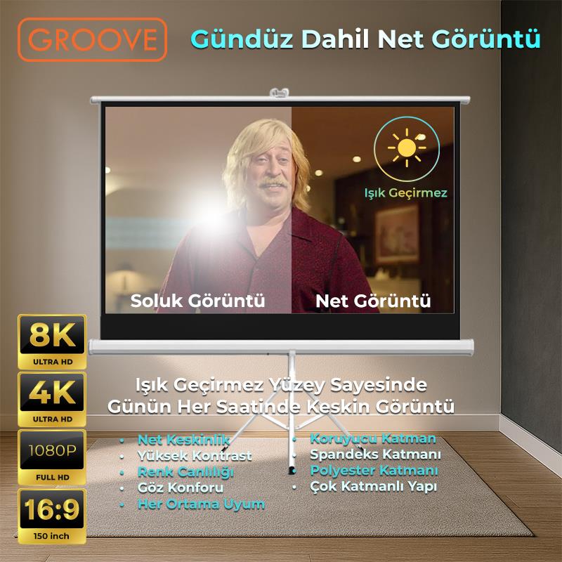 Groove Vizio Pro 150¨Inch 332x188cm Blackout Işık Geçirmez Tripod Ayaklı Projeksiyon Perdesi +Taşınabilir+Canlı Renkler+Göz Koruması+Leke Tutmaz Projector
