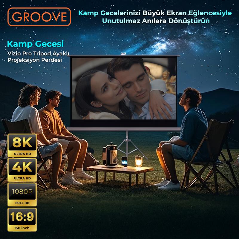 Groove Vizio Pro 150¨Inch 332x188cm Blackout Işık Geçirmez Tripod Ayaklı Projeksiyon Perdesi +Taşınabilir+Canlı Renkler+Göz Koruması+Leke Tutmaz Projector