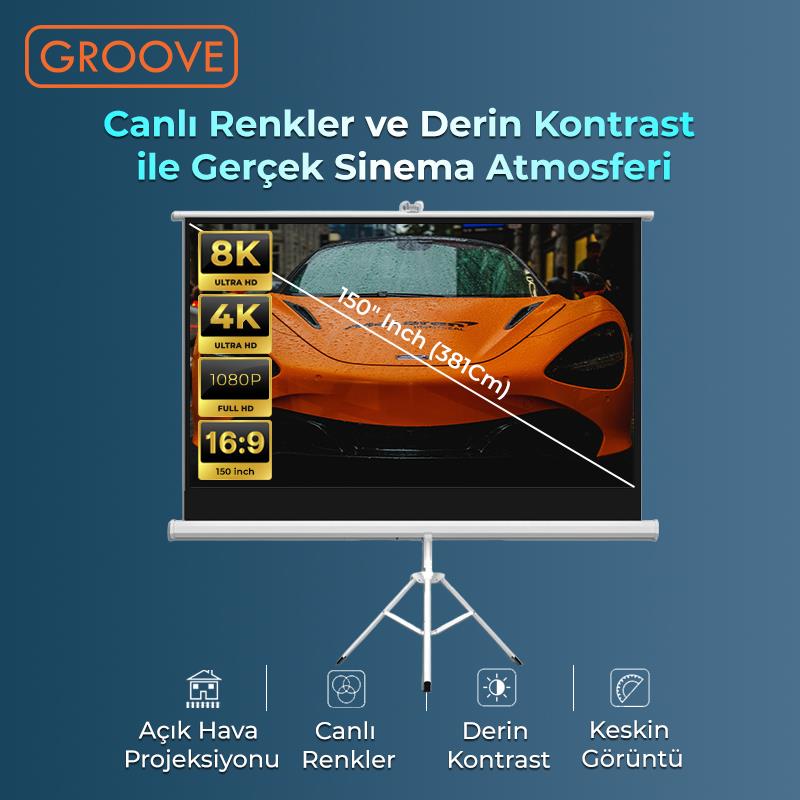 Groove Vizio Pro 150¨Inch 332x188cm Blackout Işık Geçirmez Tripod Ayaklı Projeksiyon Perdesi +Taşınabilir+Canlı Renkler+Göz Koruması+Leke Tutmaz Projector