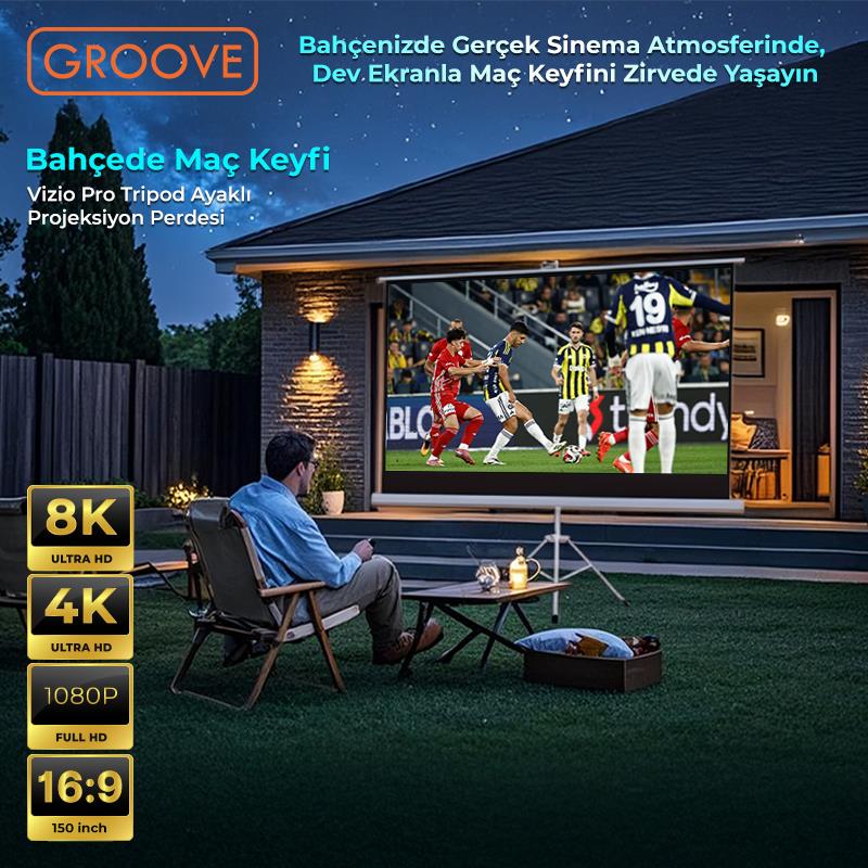 Groove Vizio Pro 150¨Inch 332x188cm Blackout Işık Geçirmez Tripod Ayaklı Projeksiyon Perdesi +Taşınabilir+Canlı Renkler+Göz Koruması+Leke Tutmaz Projector