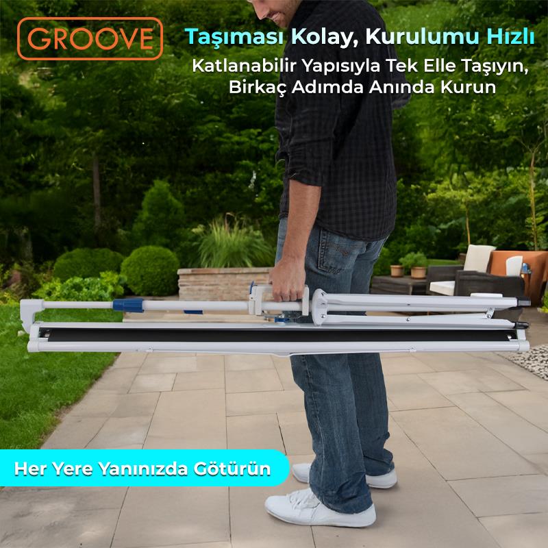 Groove Vizio Pro 150¨Inch 332x188cm Blackout Işık Geçirmez Tripod Ayaklı Projeksiyon Perdesi +Taşınabilir+Canlı Renkler+Göz Koruması+Leke Tutmaz Projector