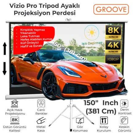 GROOVE - Groove Vizio Pro 150¨Inch 332x188cm Blackout Işık Geçirmez Tripod Ayaklı Projeksiyon Perdesi +Taşınabilir+Canlı Renkler+Göz Koruması+Leke Tutmaz Projector