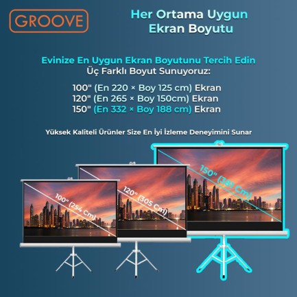 Groove Vizio Pro 150¨Inch 332x188cm Blackout Işık Geçirmez Tripod Ayaklı Projeksiyon Perdesi +Taşınabilir+Canlı Renkler+Göz Koruması+Leke Tutmaz Projector - Thumbnail