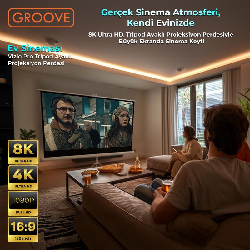 Groove Vizio Pro 150¨Inch 332x188cm Blackout Işık Geçirmez Tripod Ayaklı Projeksiyon Perdesi +Taşınabilir+Canlı Renkler+Göz Koruması+Leke Tutmaz Projector