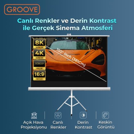 Groove Vizio Pro 150¨Inch 332x188cm Blackout Işık Geçirmez Tripod Ayaklı Projeksiyon Perdesi +Taşınabilir+Canlı Renkler+Göz Koruması+Leke Tutmaz Projector - Thumbnail