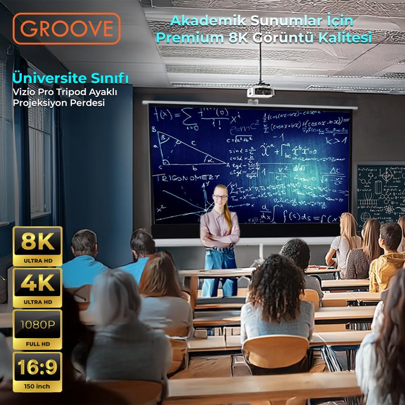 Groove Vizio Pro 150¨Inch 332x188cm Blackout Işık Geçirmez Tripod Ayaklı Projeksiyon Perdesi +Taşınabilir+Canlı Renkler+Göz Koruması+Leke Tutmaz Projector