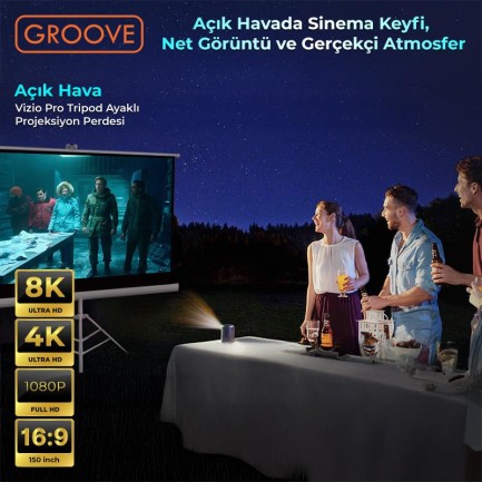 Groove Vizio Pro 150¨Inch 332x188cm Blackout Işık Geçirmez Tripod Ayaklı Projeksiyon Perdesi +Taşınabilir+Canlı Renkler+Göz Koruması+Leke Tutmaz Projector - Thumbnail