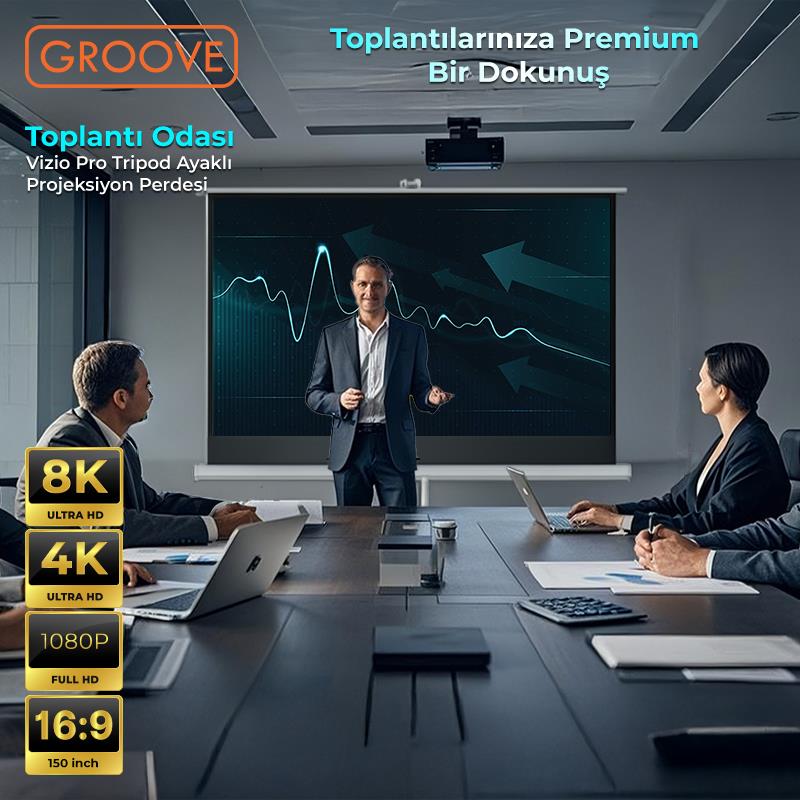 Groove Vizio Pro 150¨Inch 332x188cm Blackout Işık Geçirmez Tripod Ayaklı Projeksiyon Perdesi +Taşınabilir+Canlı Renkler+Göz Koruması+Leke Tutmaz Projector