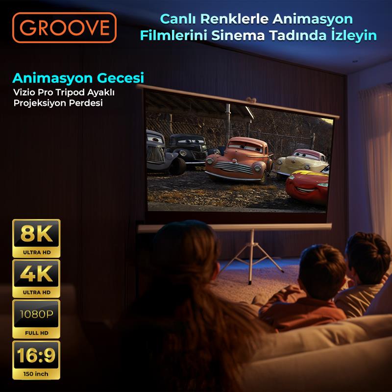 Groove Vizio Pro 150¨Inch 332x188cm Blackout Işık Geçirmez Tripod Ayaklı Projeksiyon Perdesi +Taşınabilir+Canlı Renkler+Göz Koruması+Leke Tutmaz Projector