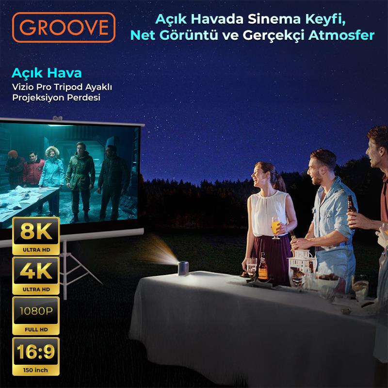 Groove Vizio Pro 150¨Inch 332x188cm Blackout Işık Geçirmez Tripod Ayaklı Projeksiyon Perdesi +Taşınabilir+Canlı Renkler+Göz Koruması+Leke Tutmaz Projector