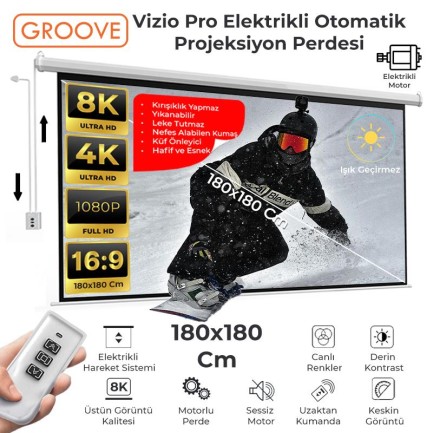 GROOVE - Groove Vizio Pro 180x180cm Blackout Işık Geçirmez Elektrikli Otomatik Kumandalı Projeksiyon Perdesi +Motorlu+Canlı Renkler+Göz Koruması+Leke Tutmaz Projector