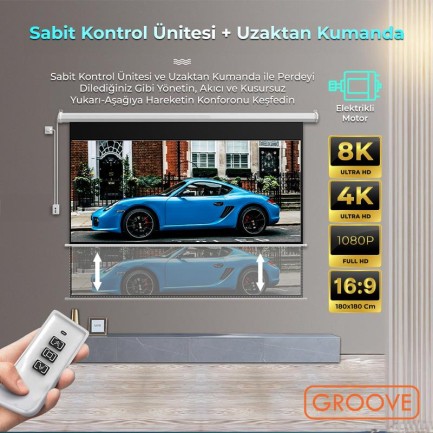 Groove Vizio Pro 180x180cm Blackout Işık Geçirmez Elektrikli Otomatik Kumandalı Projeksiyon Perdesi +Motorlu+Canlı Renkler+Göz Koruması+Leke Tutmaz Projector - Thumbnail