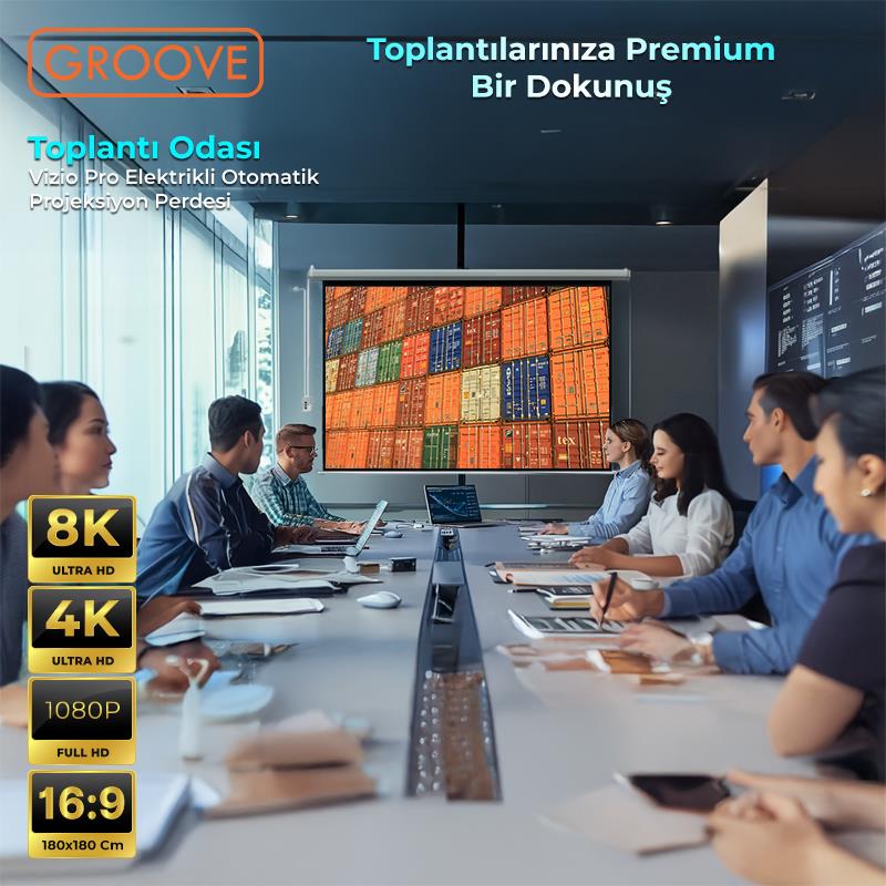 Groove Vizio Pro 180x180cm Blackout Işık Geçirmez Elektrikli Otomatik Kumandalı Projeksiyon Perdesi +Motorlu+Canlı Renkler+Göz Koruması+Leke Tutmaz Projector