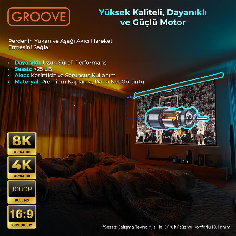 Groove Vizio Pro 180x180cm Blackout Işık Geçirmez Elektrikli Otomatik Kumandalı Projeksiyon Perdesi +Motorlu+Canlı Renkler+Göz Koruması+Leke Tutmaz Projector