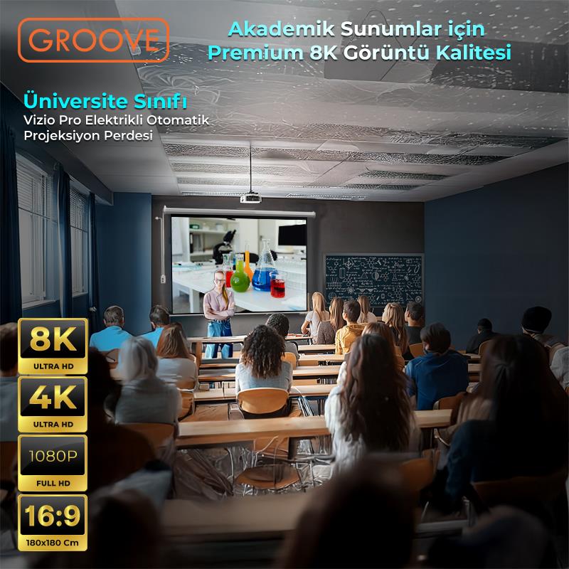 Groove Vizio Pro 180x180cm Blackout Işık Geçirmez Elektrikli Otomatik Kumandalı Projeksiyon Perdesi +Motorlu+Canlı Renkler+Göz Koruması+Leke Tutmaz Projector