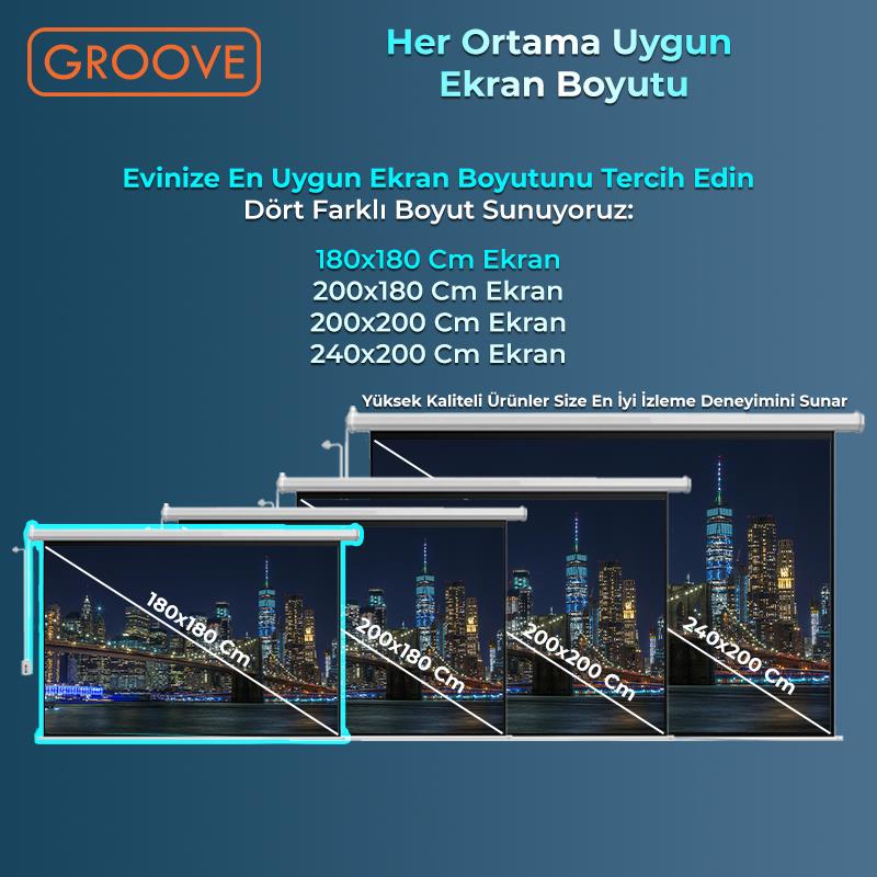 Groove Vizio Pro 180x180cm Blackout Işık Geçirmez Elektrikli Otomatik Kumandalı Projeksiyon Perdesi +Motorlu+Canlı Renkler+Göz Koruması+Leke Tutmaz Projector