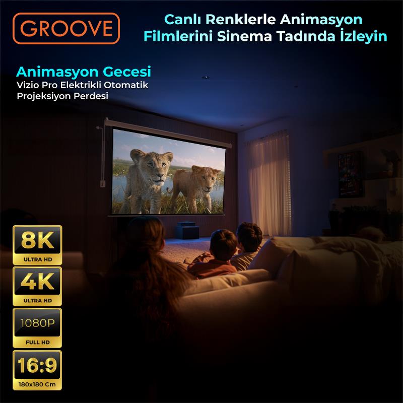 Groove Vizio Pro 180x180cm Blackout Işık Geçirmez Elektrikli Otomatik Kumandalı Projeksiyon Perdesi +Motorlu+Canlı Renkler+Göz Koruması+Leke Tutmaz Projector