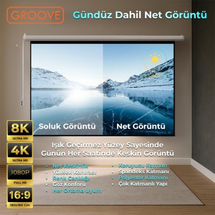 Groove Vizio Pro 180x180cm Blackout Işık Geçirmez Elektrikli Otomatik Kumandalı Projeksiyon Perdesi +Motorlu+Canlı Renkler+Göz Koruması+Leke Tutmaz Projector - Thumbnail