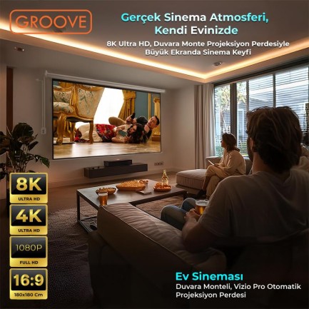 Groove Vizio Pro 180x180cm Blackout Işık Geçirmez Elektrikli Otomatik Kumandalı Projeksiyon Perdesi +Motorlu+Canlı Renkler+Göz Koruması+Leke Tutmaz Projector - Thumbnail