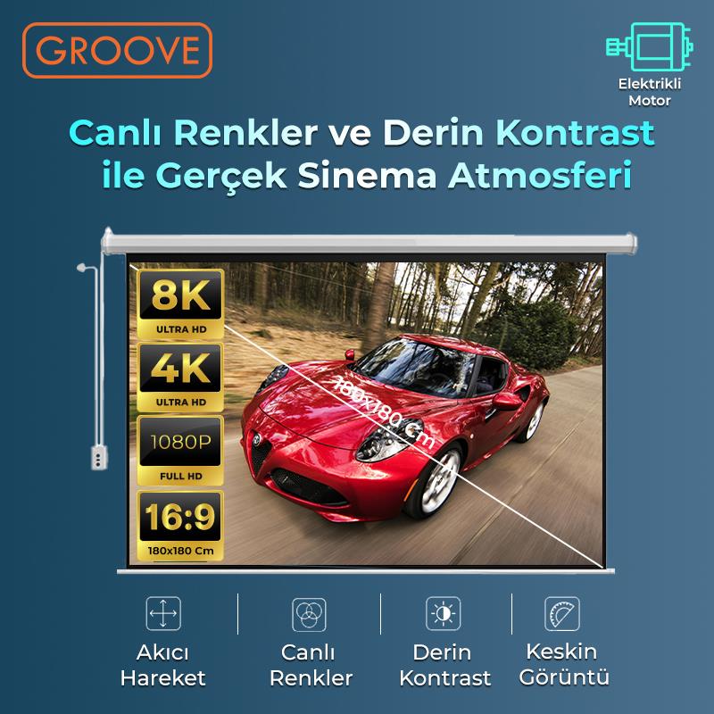 Groove Vizio Pro 180x180cm Blackout Işık Geçirmez Elektrikli Otomatik Kumandalı Projeksiyon Perdesi +Motorlu+Canlı Renkler+Göz Koruması+Leke Tutmaz Projector