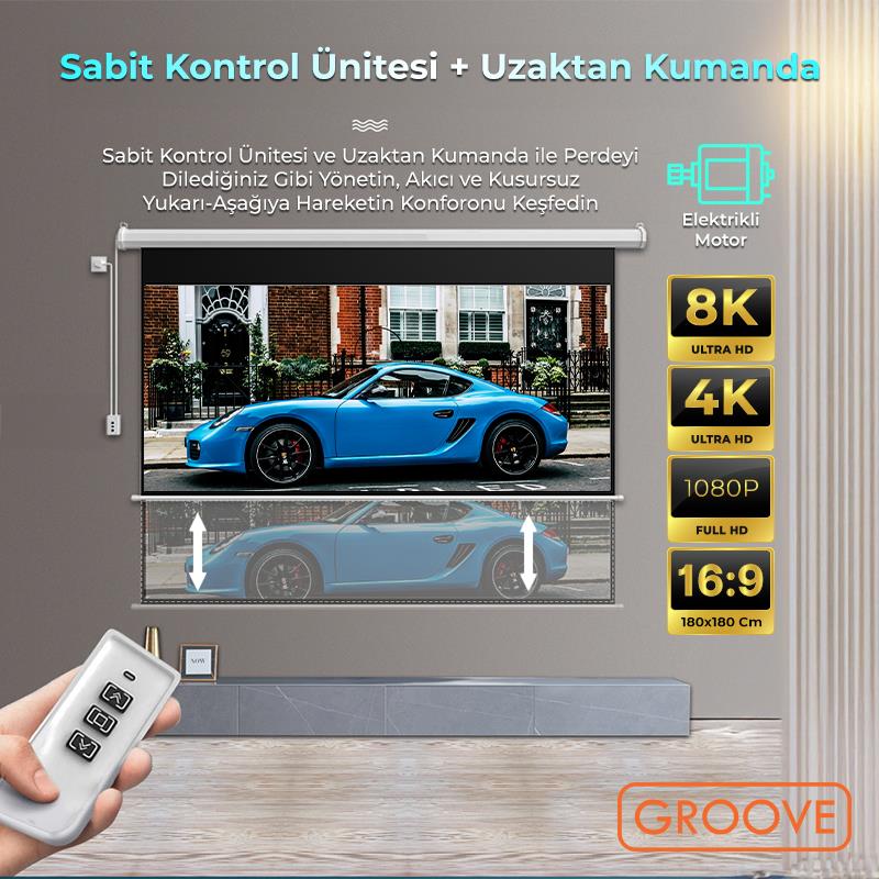 Groove Vizio Pro 180x180cm Blackout Işık Geçirmez Elektrikli Otomatik Kumandalı Projeksiyon Perdesi +Motorlu+Canlı Renkler+Göz Koruması+Leke Tutmaz Projector