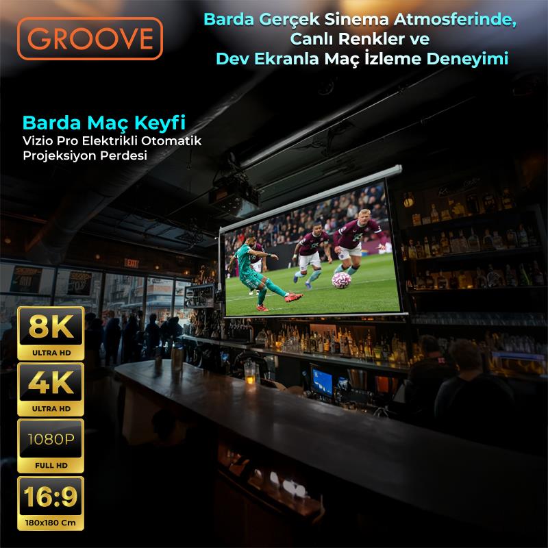Groove Vizio Pro 180x180cm Blackout Işık Geçirmez Elektrikli Otomatik Kumandalı Projeksiyon Perdesi +Motorlu+Canlı Renkler+Göz Koruması+Leke Tutmaz Projector