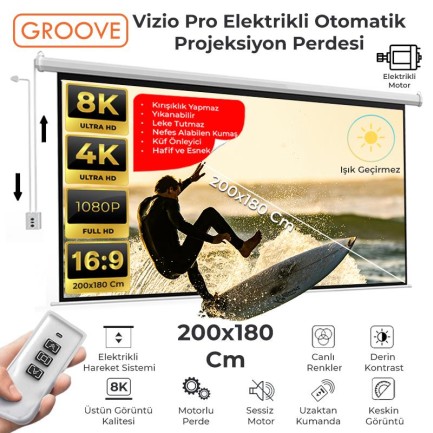 GROOVE - Groove Vizio Pro 200x180cm Blackout Işık Geçirmez Elektrikli Otomatik Kumandalı Projeksiyon Perdesi +Motorlu+Canlı Renkler+Göz Koruması+Leke Tutmaz Projector