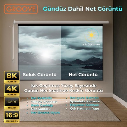 Groove Vizio Pro 200x180cm Blackout Işık Geçirmez Elektrikli Otomatik Kumandalı Projeksiyon Perdesi +Motorlu+Canlı Renkler+Göz Koruması+Leke Tutmaz Projector - Thumbnail