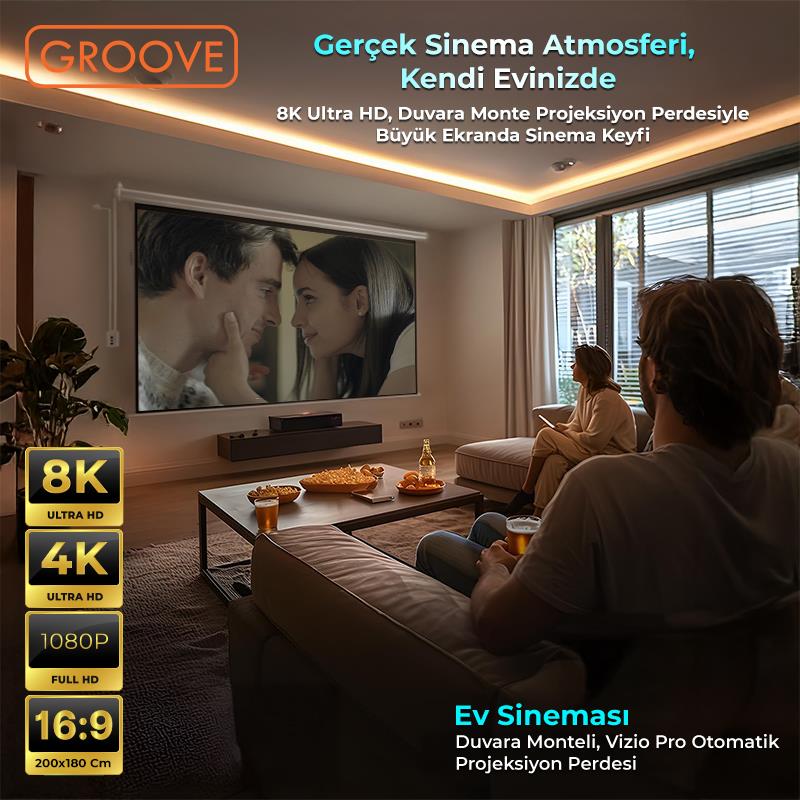 Groove Vizio Pro 200x180cm Blackout Işık Geçirmez Elektrikli Otomatik Kumandalı Projeksiyon Perdesi +Motorlu+Canlı Renkler+Göz Koruması+Leke Tutmaz Projector