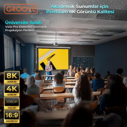 Groove Vizio Pro 200x180cm Blackout Işık Geçirmez Elektrikli Otomatik Kumandalı Projeksiyon Perdesi +Motorlu+Canlı Renkler+Göz Koruması+Leke Tutmaz Projector - Thumbnail