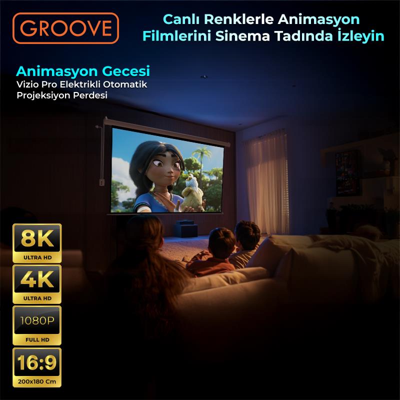 Groove Vizio Pro 200x180cm Blackout Işık Geçirmez Elektrikli Otomatik Kumandalı Projeksiyon Perdesi +Motorlu+Canlı Renkler+Göz Koruması+Leke Tutmaz Projector