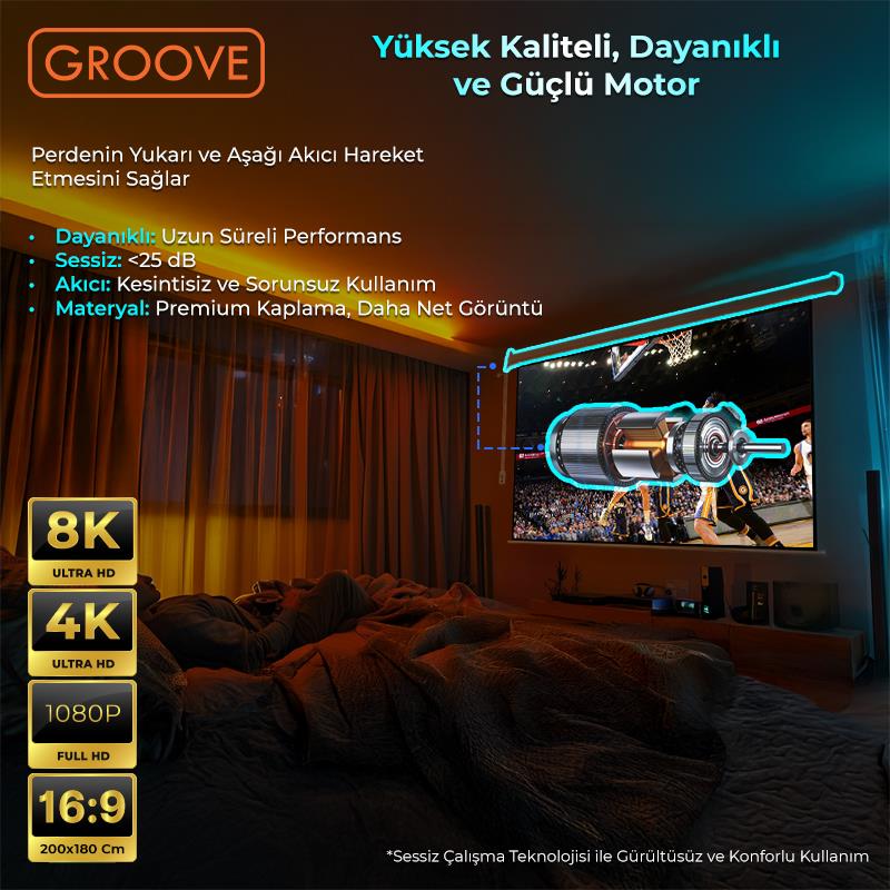 Groove Vizio Pro 200x180cm Blackout Işık Geçirmez Elektrikli Otomatik Kumandalı Projeksiyon Perdesi +Motorlu+Canlı Renkler+Göz Koruması+Leke Tutmaz Projector