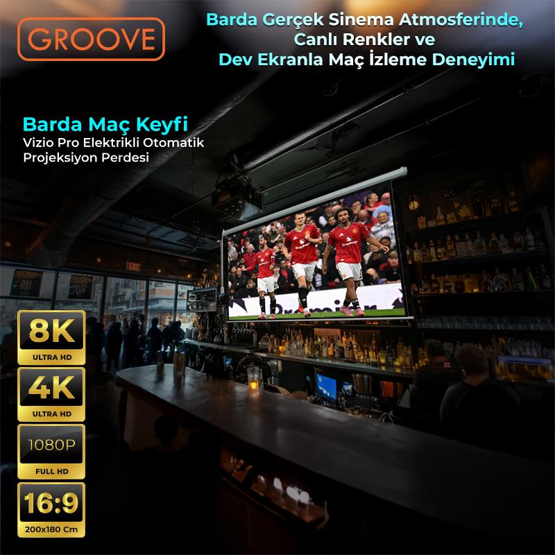 Groove Vizio Pro 200x180cm Blackout Işık Geçirmez Elektrikli Otomatik Kumandalı Projeksiyon Perdesi +Motorlu+Canlı Renkler+Göz Koruması+Leke Tutmaz Projector